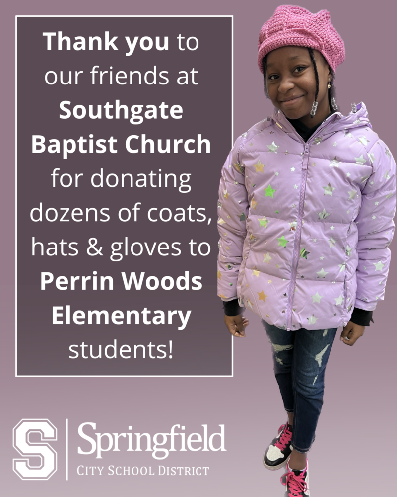 A Perrin Woods student poses with her new coat that was donated as part of a mass donation by Southgate Baptist Church in November