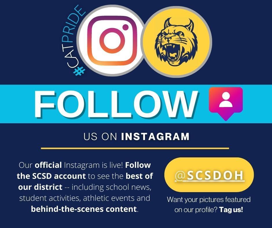 Image encouraging people to follow the Springfield City School District on Instagram by following @scsdoh.